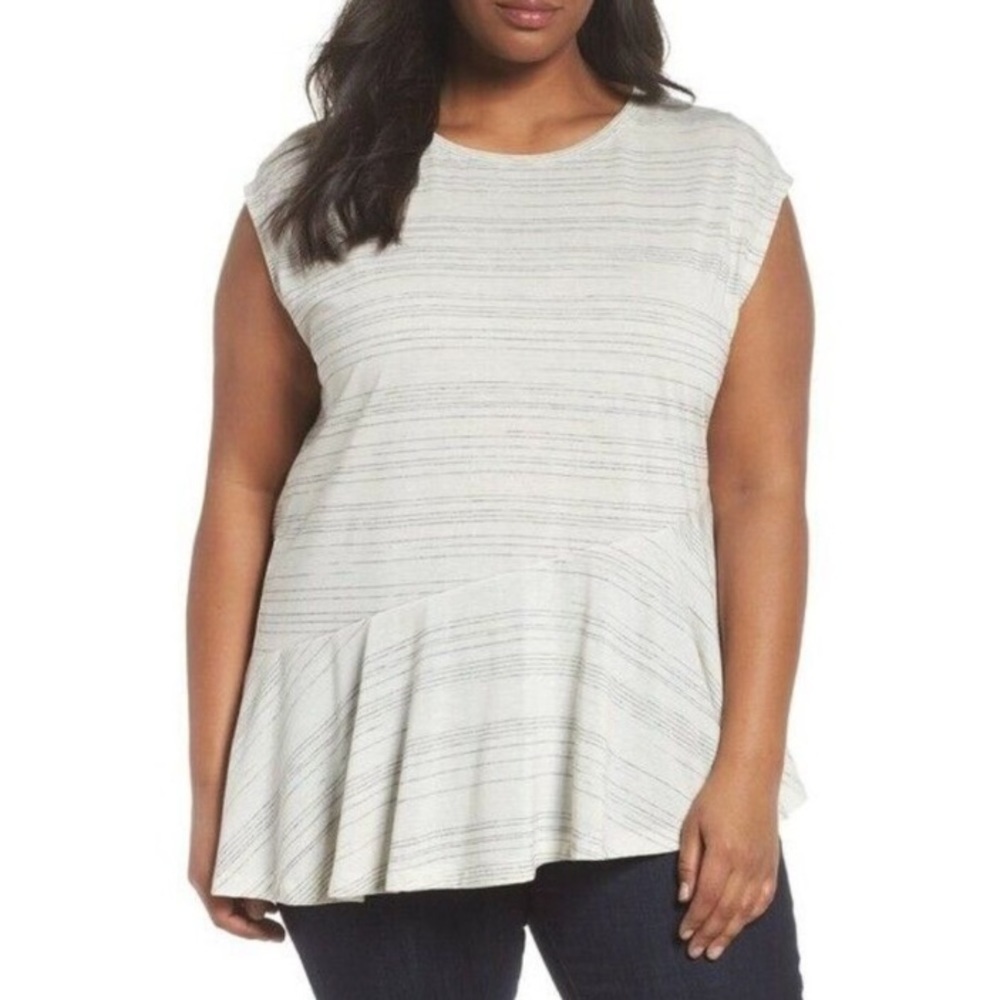 Sejour Plus Cream Striped Ruffled Tunic Top 1X